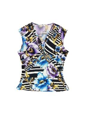Y2K Caché Floral Stripe Ruched Top M/L Retro Glam‎ Going Out Top
